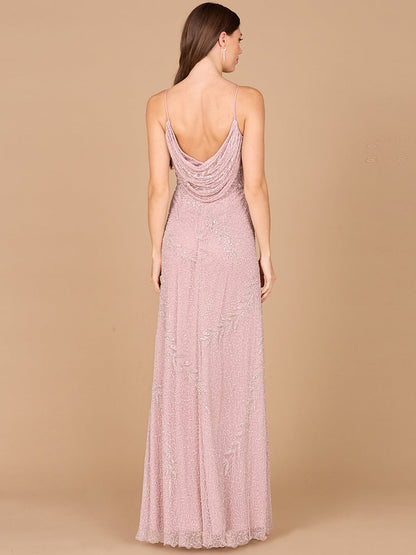 Beaded Spaghetti Strap Navy Full-Length Gown by Lara New York