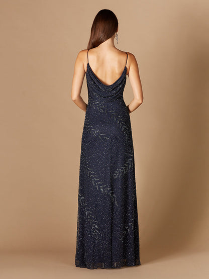 Beaded Spaghetti Strap Navy Full-Length Gown by Lara New York