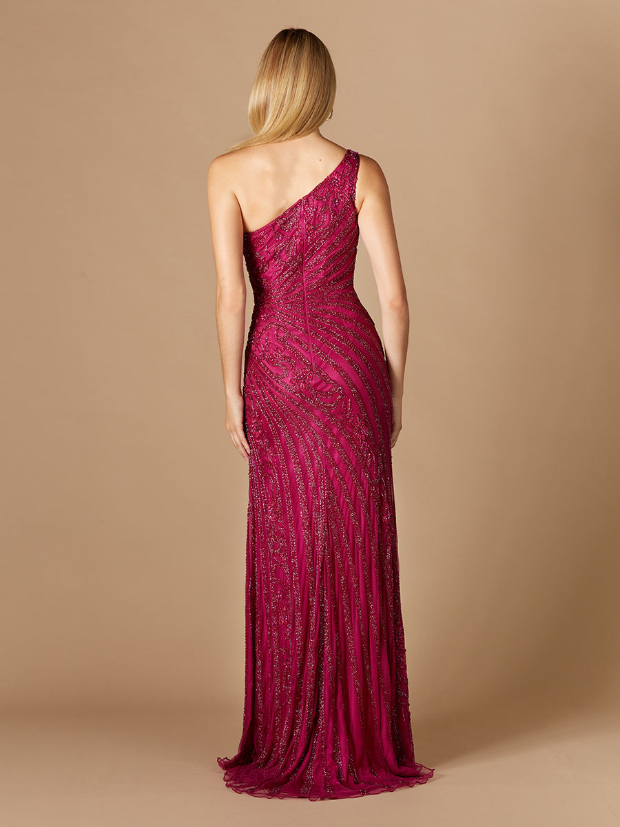 One-Shoulder Beaded Gown with Slit by Lara New York