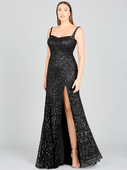 Sweetheart Neckline, Beaded Gown with Slit by Lara New York