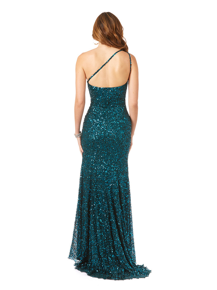 One-Shoulder Beaded Gown with Slit by Lara New York
