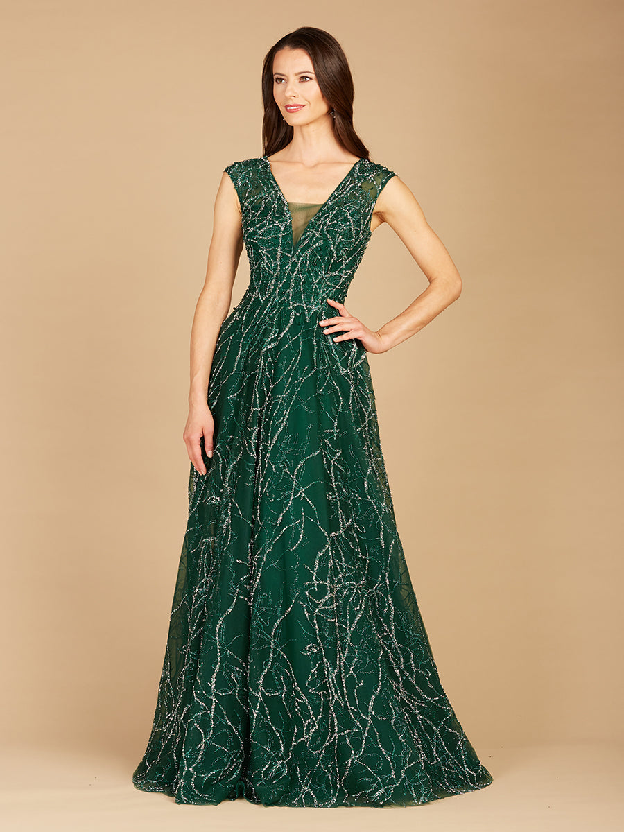 V-Neck Beaded Ball Gown OUTLET by Lara New York