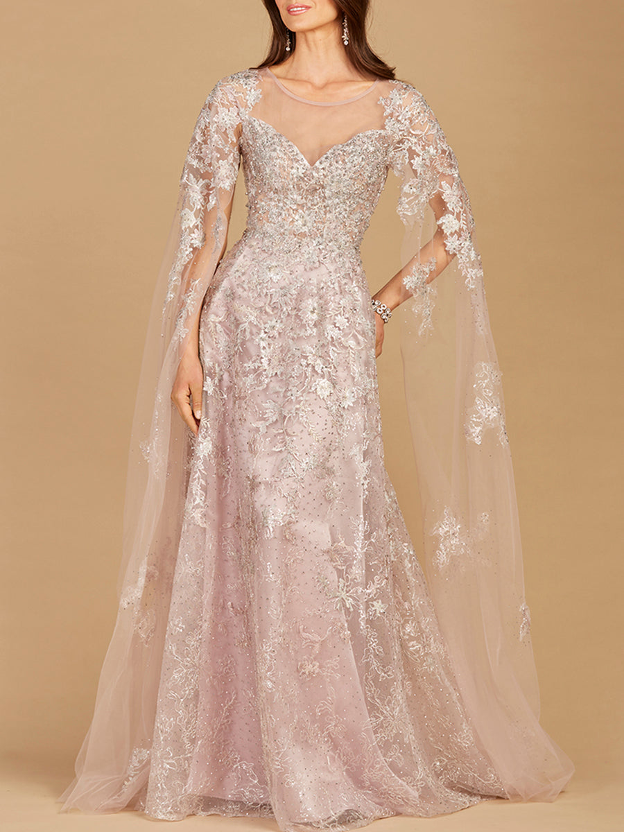 Lace Gown with Cape Sleeves, Sweetheart Neckline | 29300 by Lara New York