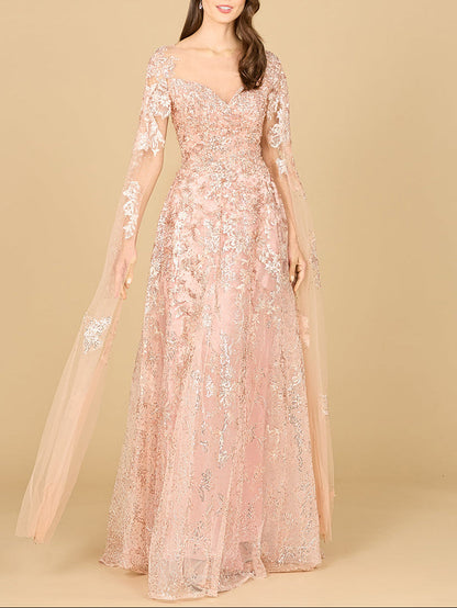Lace Gown with Cape Sleeves, Sweetheart Neckline | 29300 by Lara New York