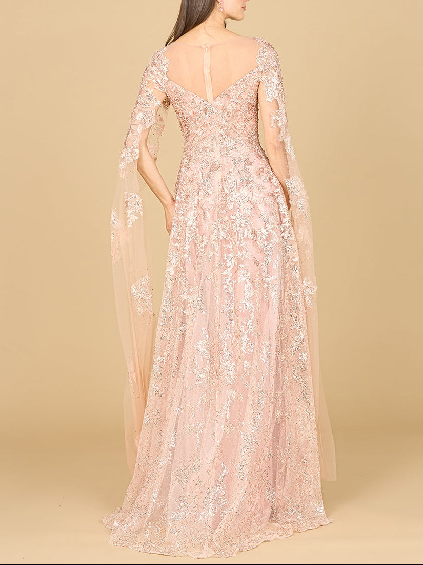 Lace Gown with Cape Sleeves, Sweetheart Neckline | 29300 by Lara New York