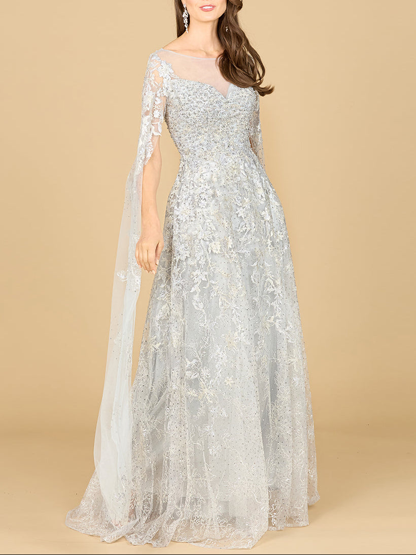 Lace Gown with Cape Sleeves, Sweetheart Neckline | 29300 by Lara New York
