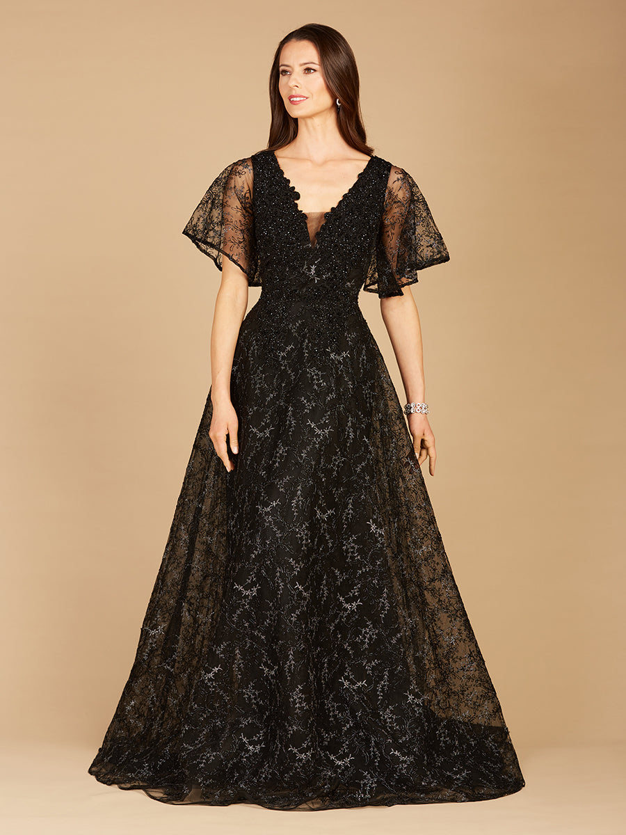 Cape Sleeve Beaded Gown in Black - OUTLET by Lara New York