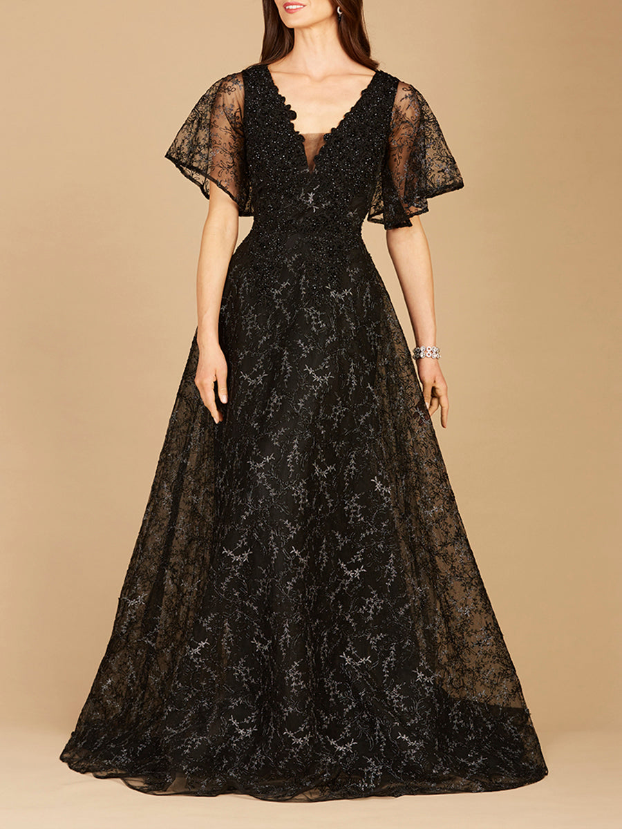 Cape Sleeve Beaded Gown in Black - OUTLET by Lara New York