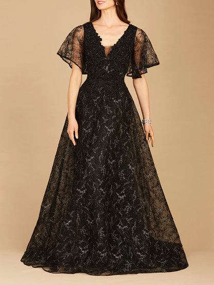 Cape Sleeve Beaded Gown in Black - OUTLET by Lara New York