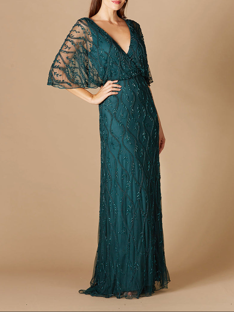 Illusion Cape Sleeve Beaded Gown by Lara New York