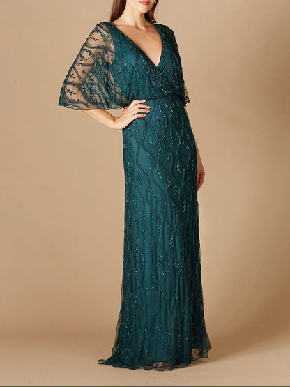 Illusion Cape Sleeve Beaded Gown by Lara New York