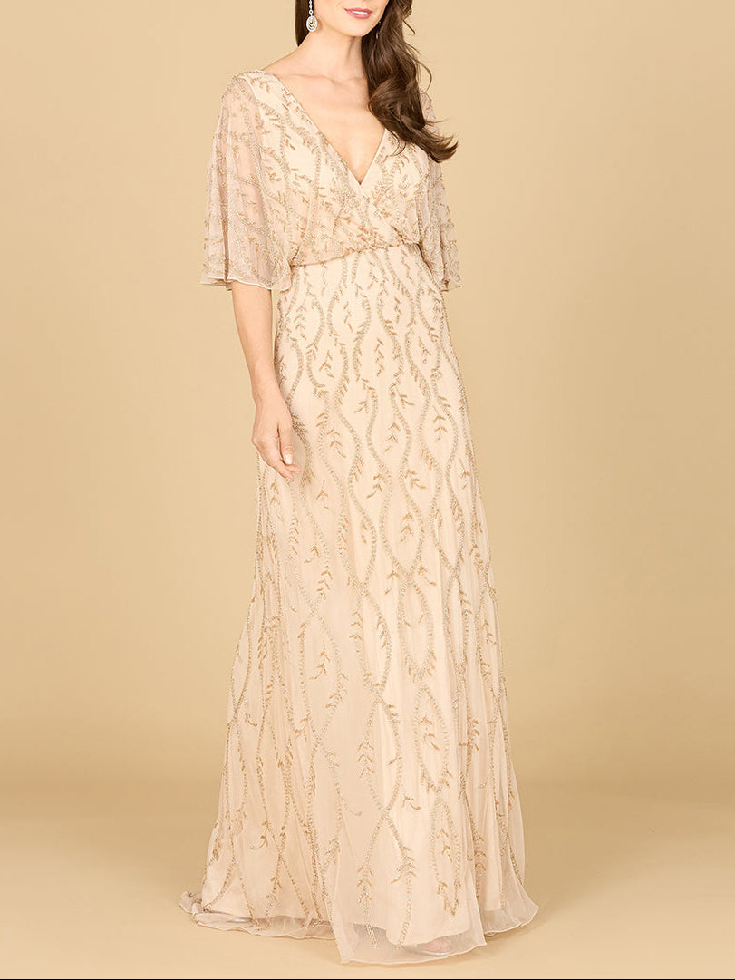Illusion Cape Sleeve Beaded Gown by Lara New York