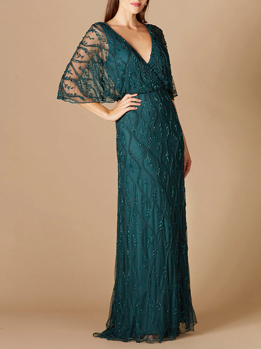 Illusion Cape Sleeve Beaded Gown by Lara New York