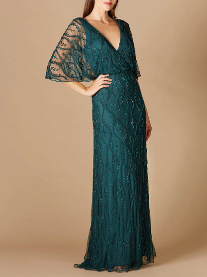 Illusion Cape Sleeve Beaded Gown by Lara New York