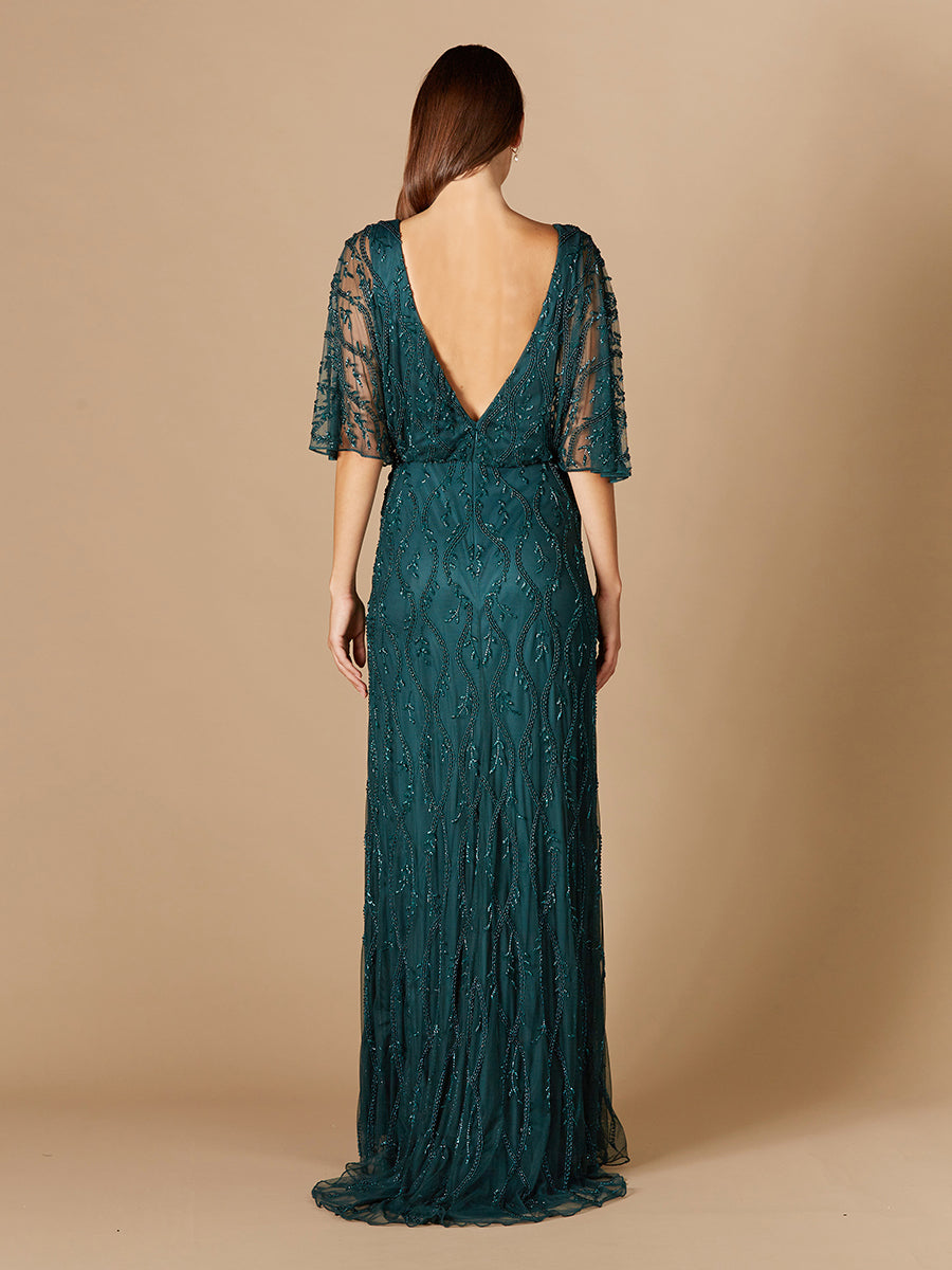 Illusion Cape Sleeve Beaded Gown by Lara New York