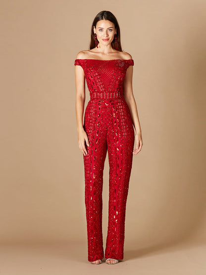 Beaded Off Shoulder Jumpsuit by Lara New York