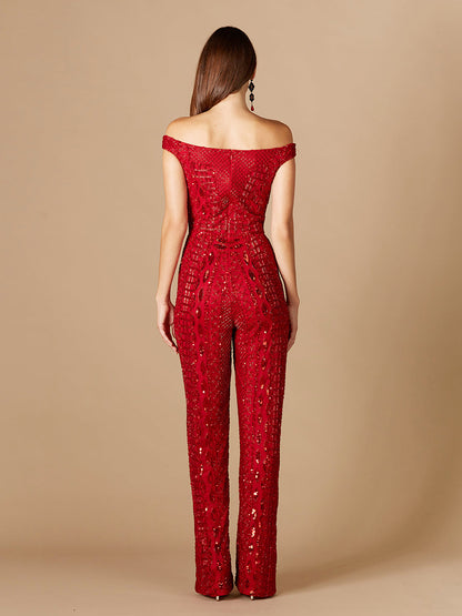 Beaded Off Shoulder Jumpsuit by Lara New York