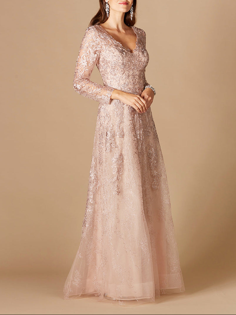 Long Sleeve V-Neck Lace Gown by Lara New York