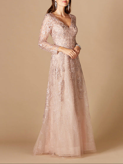 Long Sleeve V-Neck Lace Gown by Lara New York