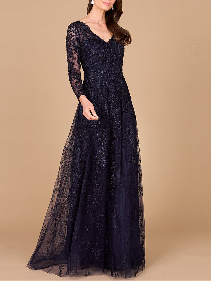 Long Sleeve V-Neck Lace Gown by Lara New York
