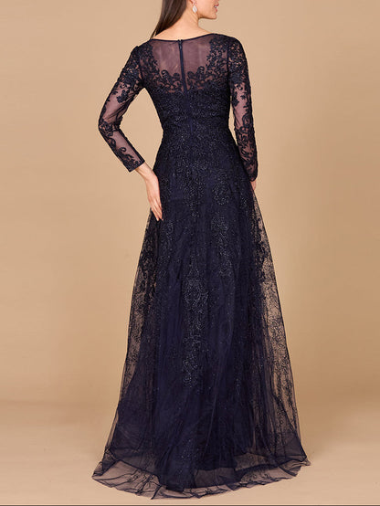 Long Sleeve V-Neck Lace Gown by Lara New York