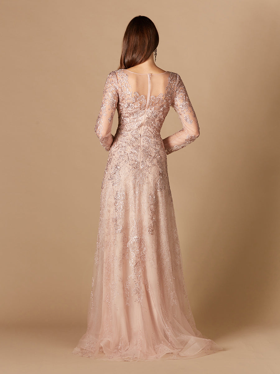 Long Sleeve V-Neck Lace Gown by Lara New York