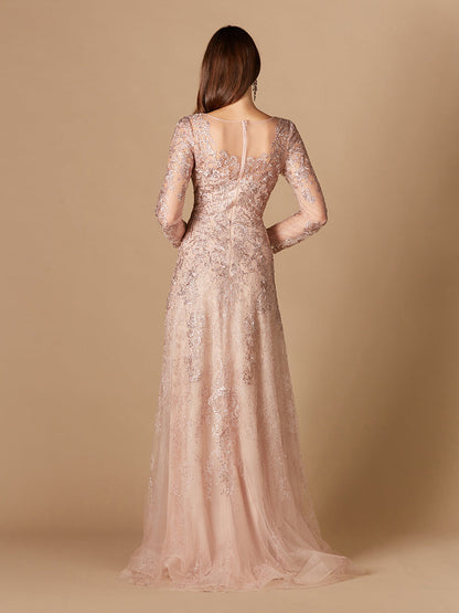 Long Sleeve V-Neck Lace Gown by Lara New York