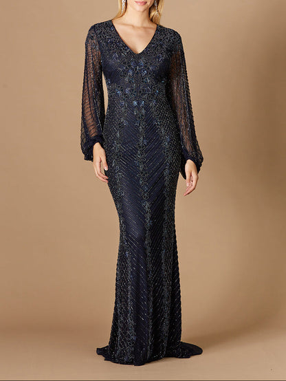 Long Sleeve Beaded Gown with Balloon Sleeves by Lara New York