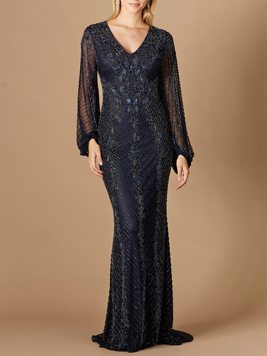 Long Sleeve Beaded Gown with Balloon Sleeves by Lara New York