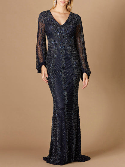 Long Sleeve Beaded Gown with Balloon Sleeves by Lara New York