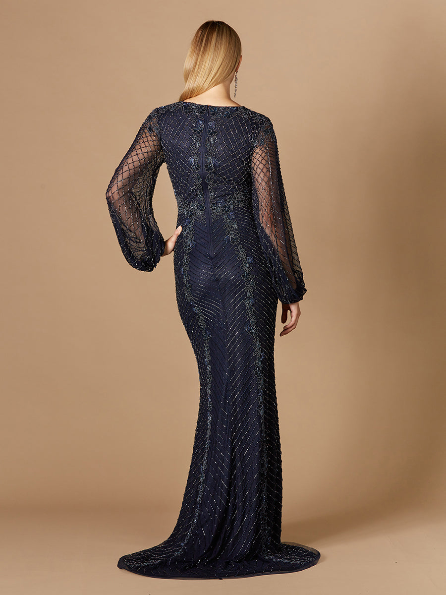 Long Sleeve Beaded Gown with Balloon Sleeves by Lara New York