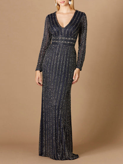 Long Sleeve Belted Beaded Gown by Lara New York