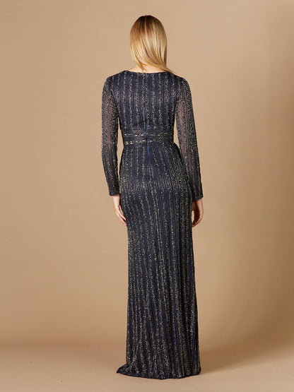 Long Sleeve Belted Beaded Gown by Lara New York