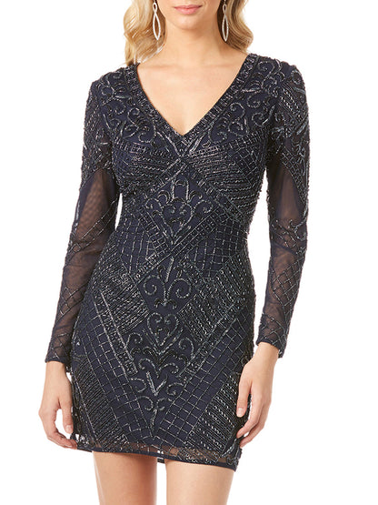 Long Sleeve V-Neck Beaded Cocktail Dress in Navy by Lara New York