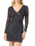 Long Sleeve V-Neck Beaded Cocktail Dress in Navy by Lara New York