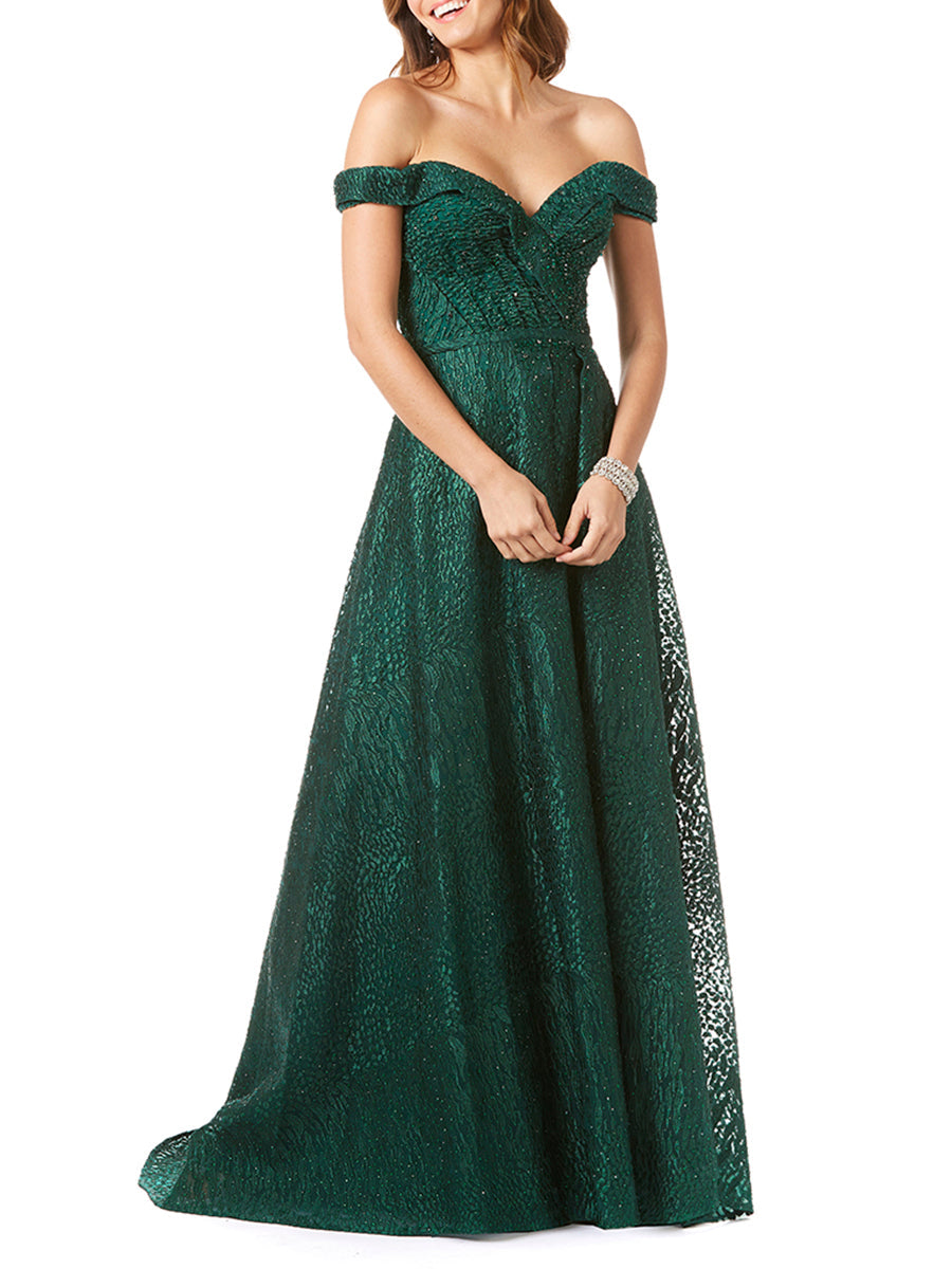 Tonal Beaded Off Shoulder Ballgown by Lara New York