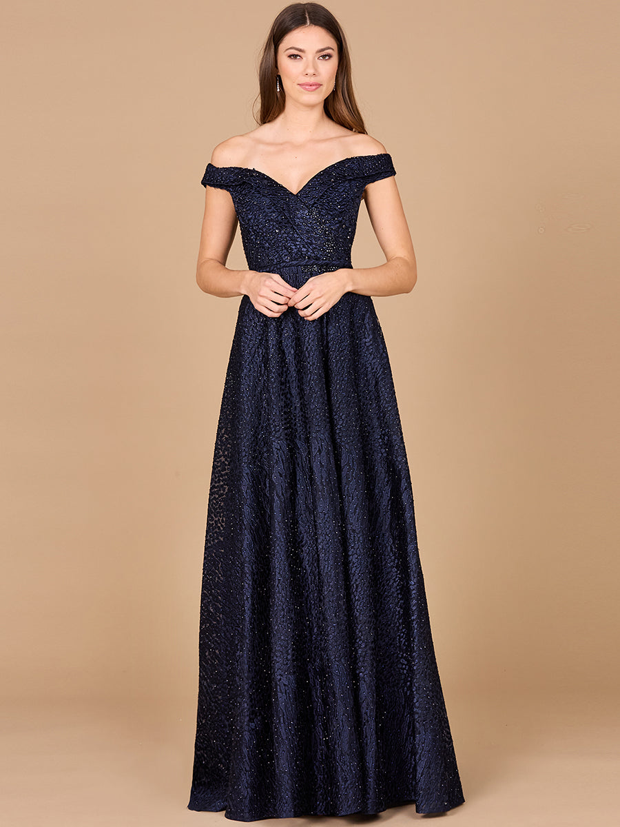 Tonal Beaded Off Shoulder Ballgown by Lara New York
