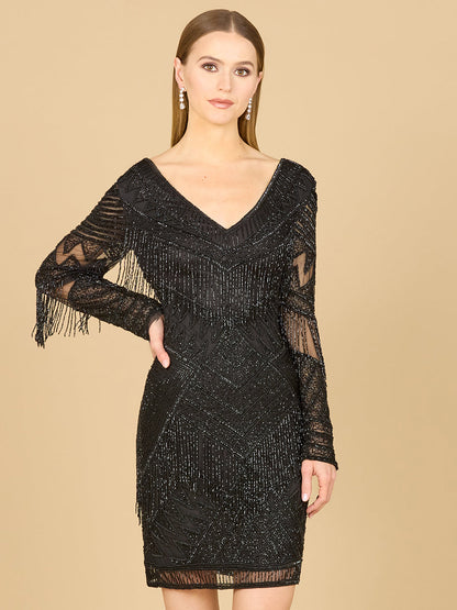 Long Sleeve Beaded V-Neck Fringe Cocktail Mini OUTLET by Lara New York