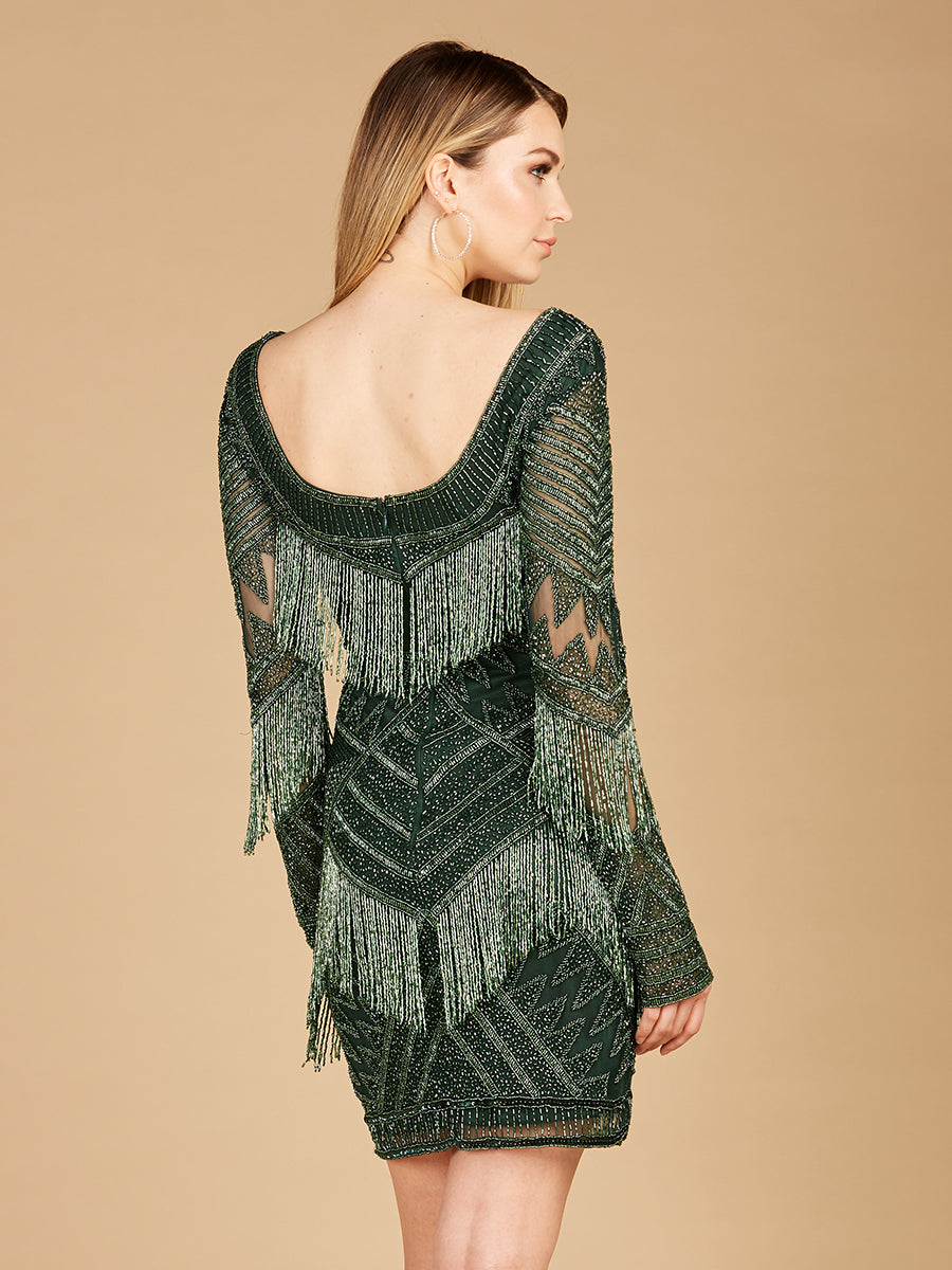 Long Sleeve Beaded V-Neck Fringe Cocktail Mini OUTLET by Lara New York