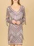 Long Sleeve Beaded V-Neck Fringe Cocktail Mini OUTLET by Lara New York