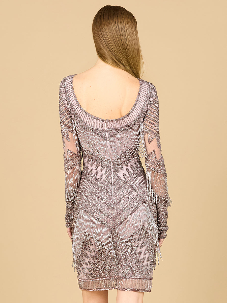 Long Sleeve Beaded V-Neck Fringe Cocktail Mini OUTLET by Lara New York