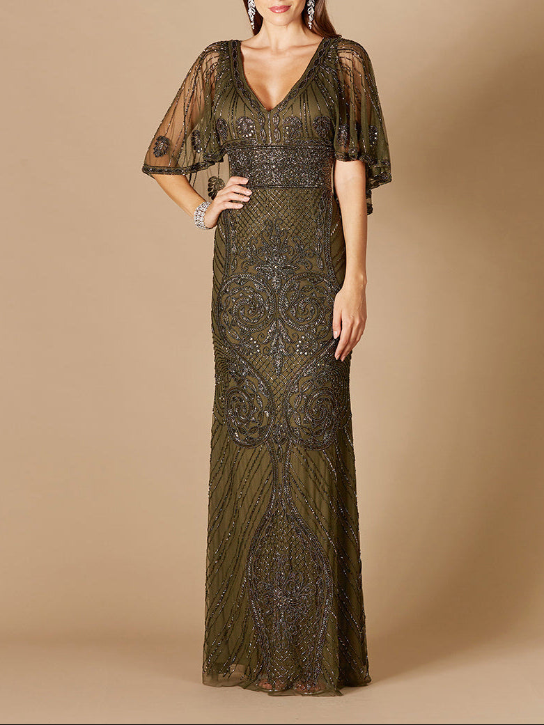 Cape Sleeve V-Neck Beaded Gown by Lara New York