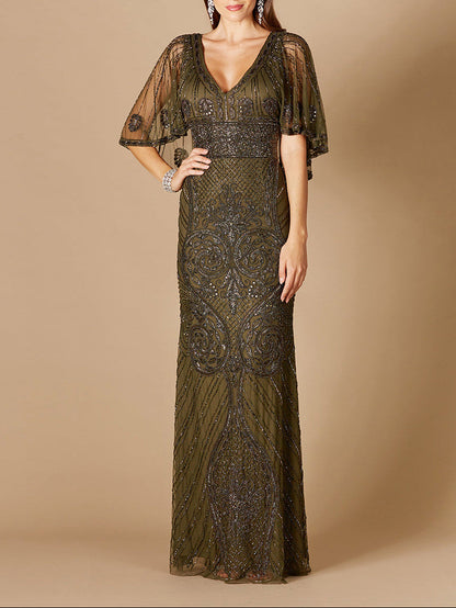 Cape Sleeve V-Neck Beaded Gown by Lara New York