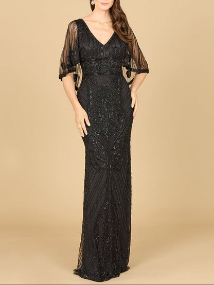 Cape Sleeve V-Neck Beaded Gown by Lara New York