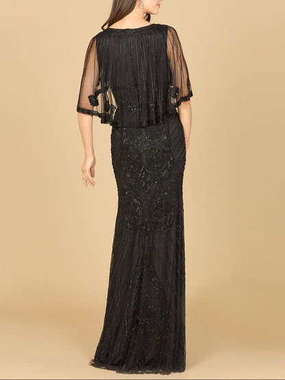 Cape Sleeve V-Neck Beaded Gown by Lara New York
