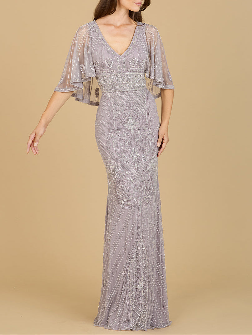 Cape Sleeve V-Neck Beaded Gown by Lara New York