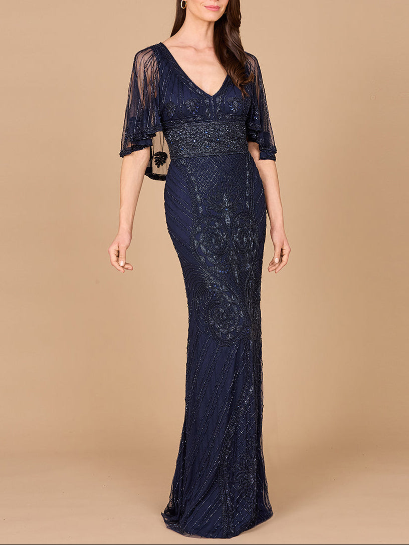 Cape Sleeve V-Neck Beaded Gown by Lara New York