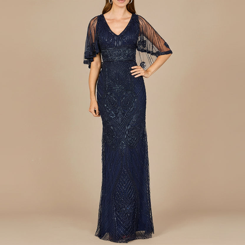 Cape Sleeve V-Neck Beaded Gown by Lara New York