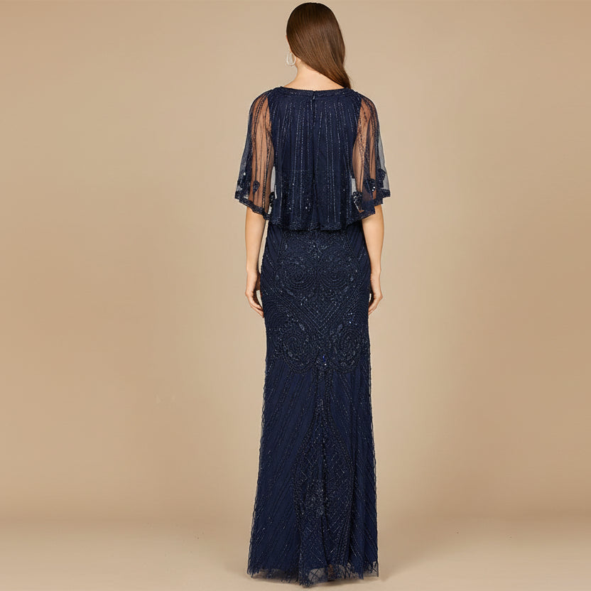 Cape Sleeve V-Neck Beaded Gown by Lara New York
