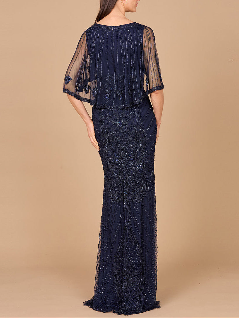 Cape Sleeve V-Neck Beaded Gown by Lara New York